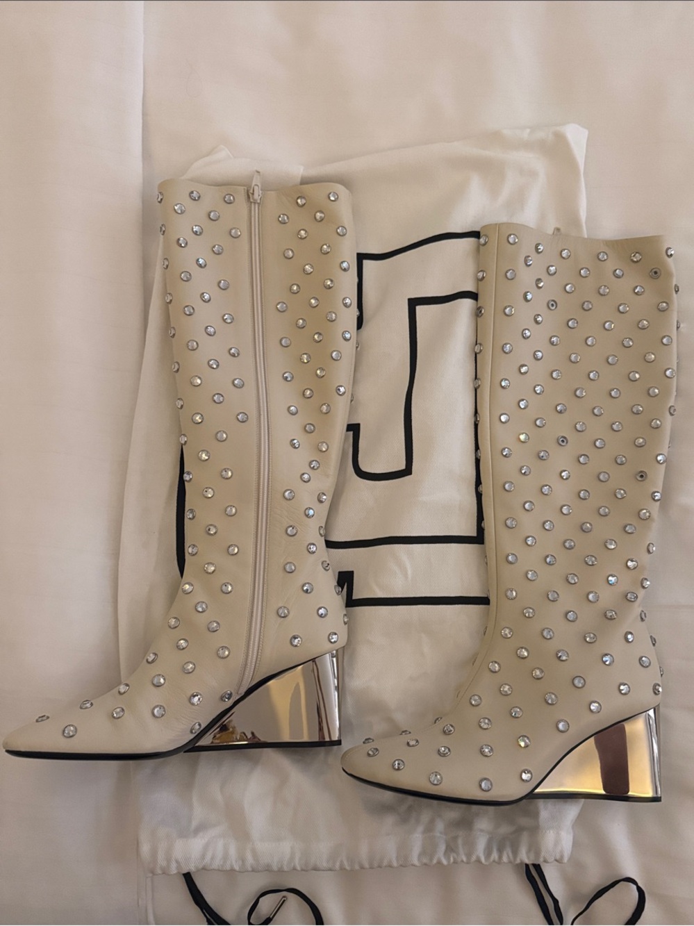 Paco Rabanne Cream Knee-High Jewel Studded Wedge Boots